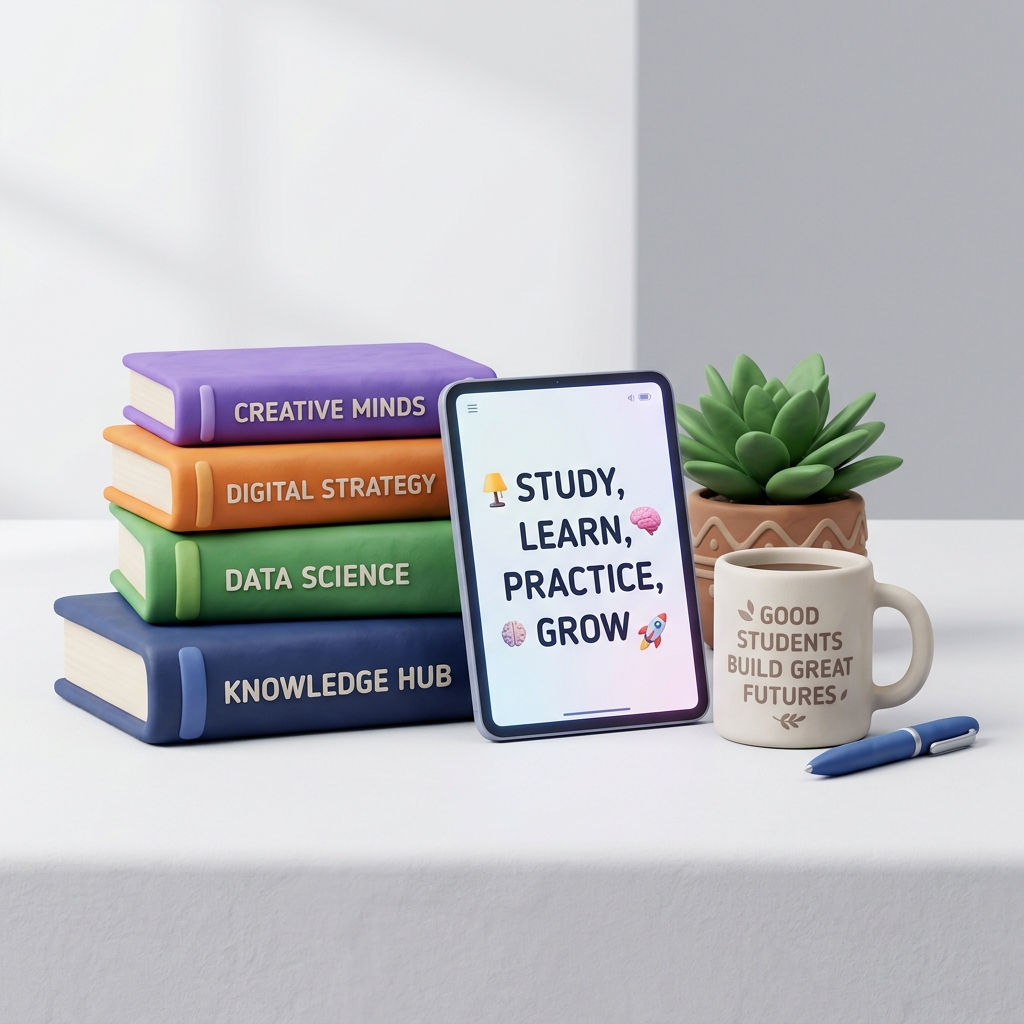 Study Desk with Books, Tablet, and Coffee Mug